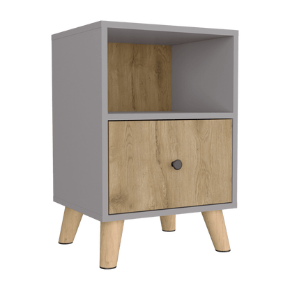 Mesa de Noche Samay, Gris y Macadamia, con Un Cajón y Patas Metálicas - VIRTUAL MUEBLES