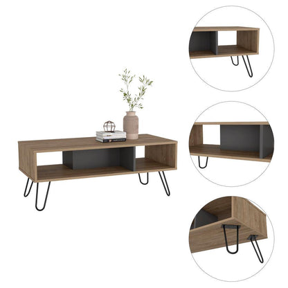 Mesa de Centro Vany, Miel y Plata Oscuro, con Amplio Espacio Para Elementos Decorativos y Patas de Acero ZF - VIRTUAL MUEBLES