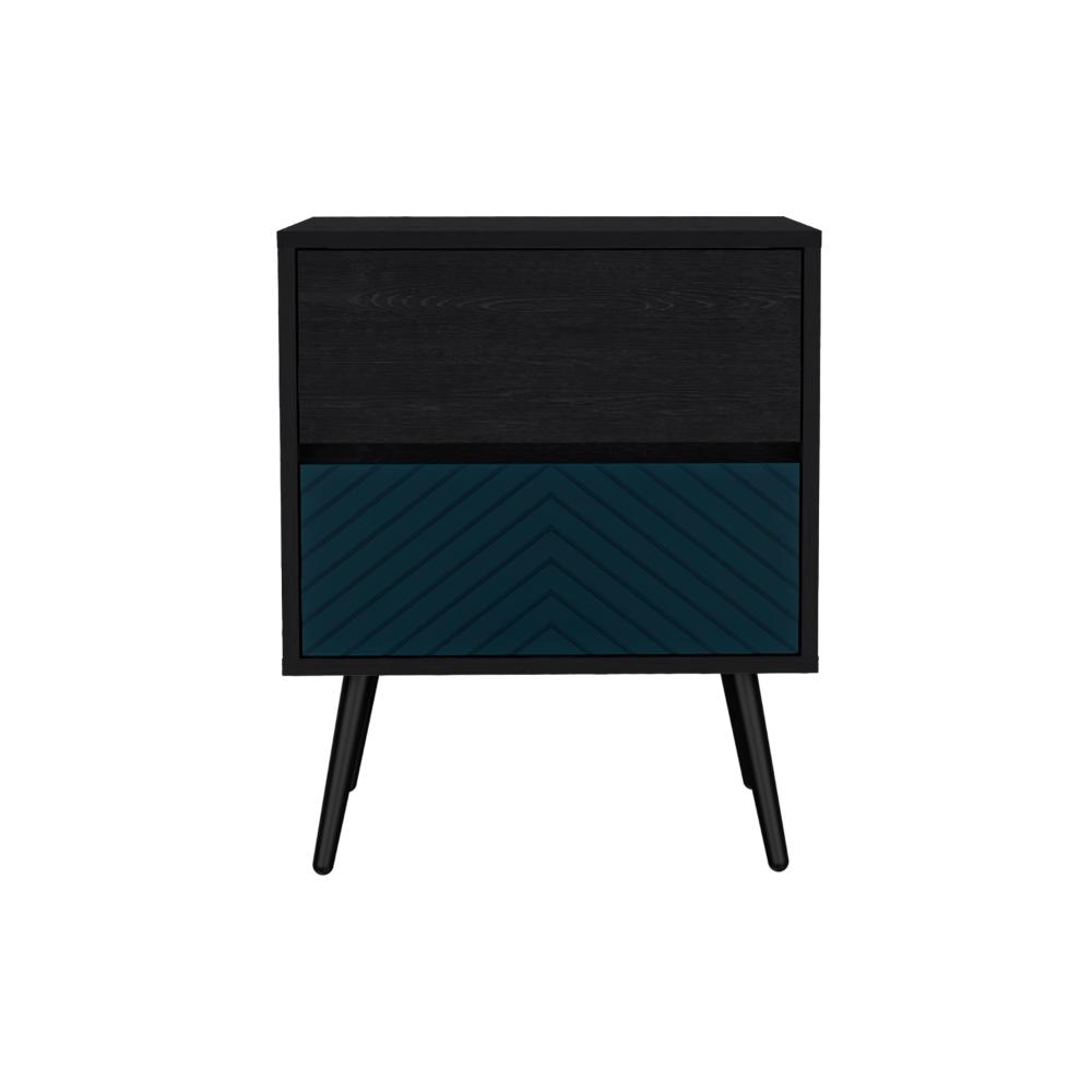 Mesa de Noche Lutso, Negro y Azul, con patas de madera