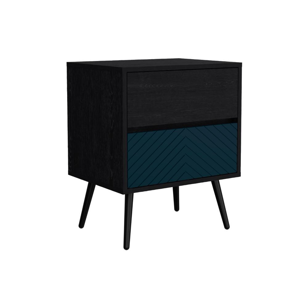 Mesa de Noche Lutso, Negro y Azul, con patas de madera