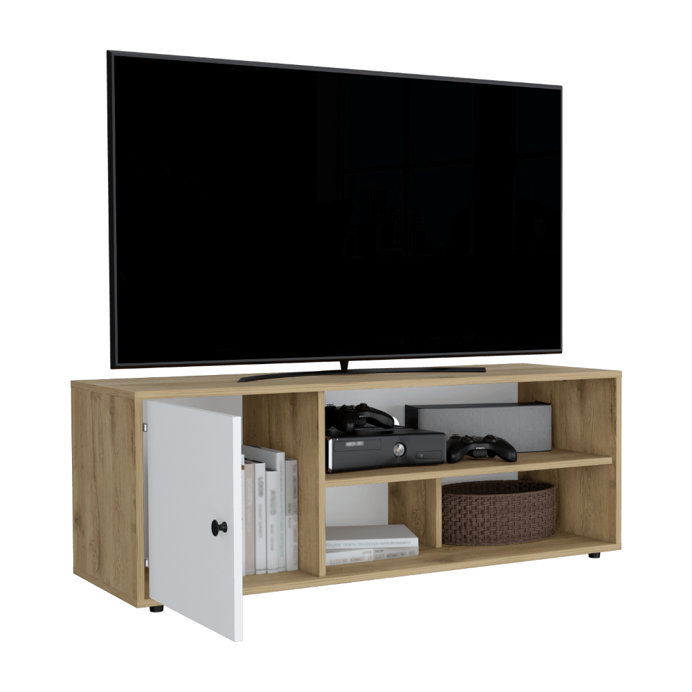 Mesa Para Tv Noah, Macadamia y Blanco Vainilla, con Variedad de Entrepaños - VIRTUAL MUEBLES