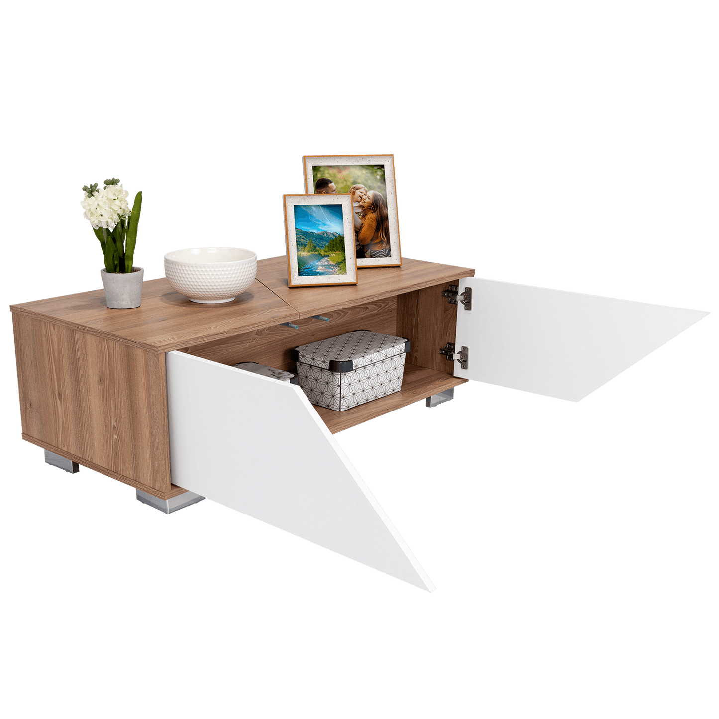 Mesa de Centro Orus, Miel y Blanco, con Cuatro Puertas y Patas En Acero - VIRTUAL MUEBLES