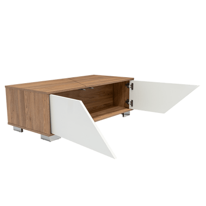 Mesa de Centro Orus, Miel y Blanco, con Cuatro Puertas y Patas En Acero - VIRTUAL MUEBLES