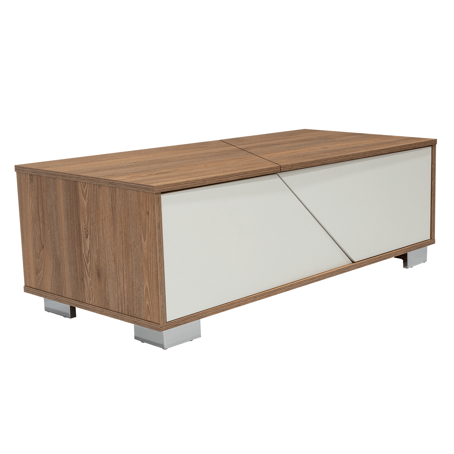 Mesa de Centro Orus, Miel y Blanco, con Cuatro Puertas y Patas En Acero - VIRTUAL MUEBLES