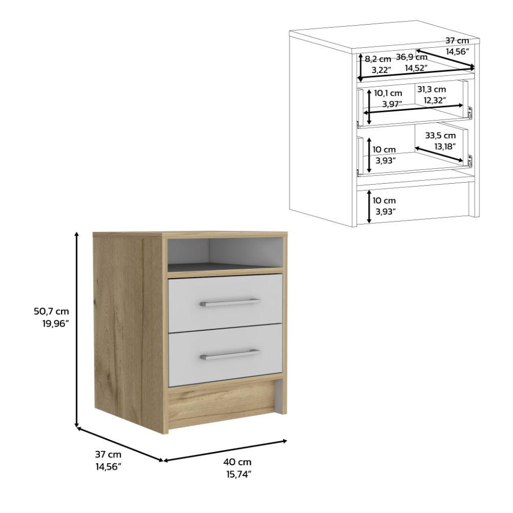 Mesa de Noche Douglas, Blanco y Café Claro, Con Dos Cajones, Espacio Para Libros Y Objetos Decorativos - VIRTUAL MUEBLES