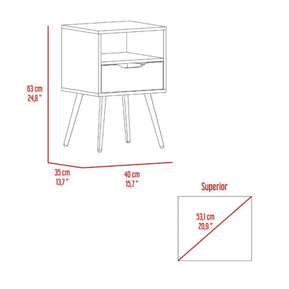 Mesa de Noche Alesio, Café Claro y Blanco, con Patas de Madera y Un Cajón - VIRTUAL MUEBLES