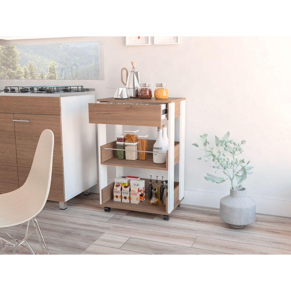 Mueble Auxiliar de Cocina Azana, Moca y Blanco, con Entrepaños y Rodachines Para Su Fácil Desplazamiento - VIRTUAL MUEBLES