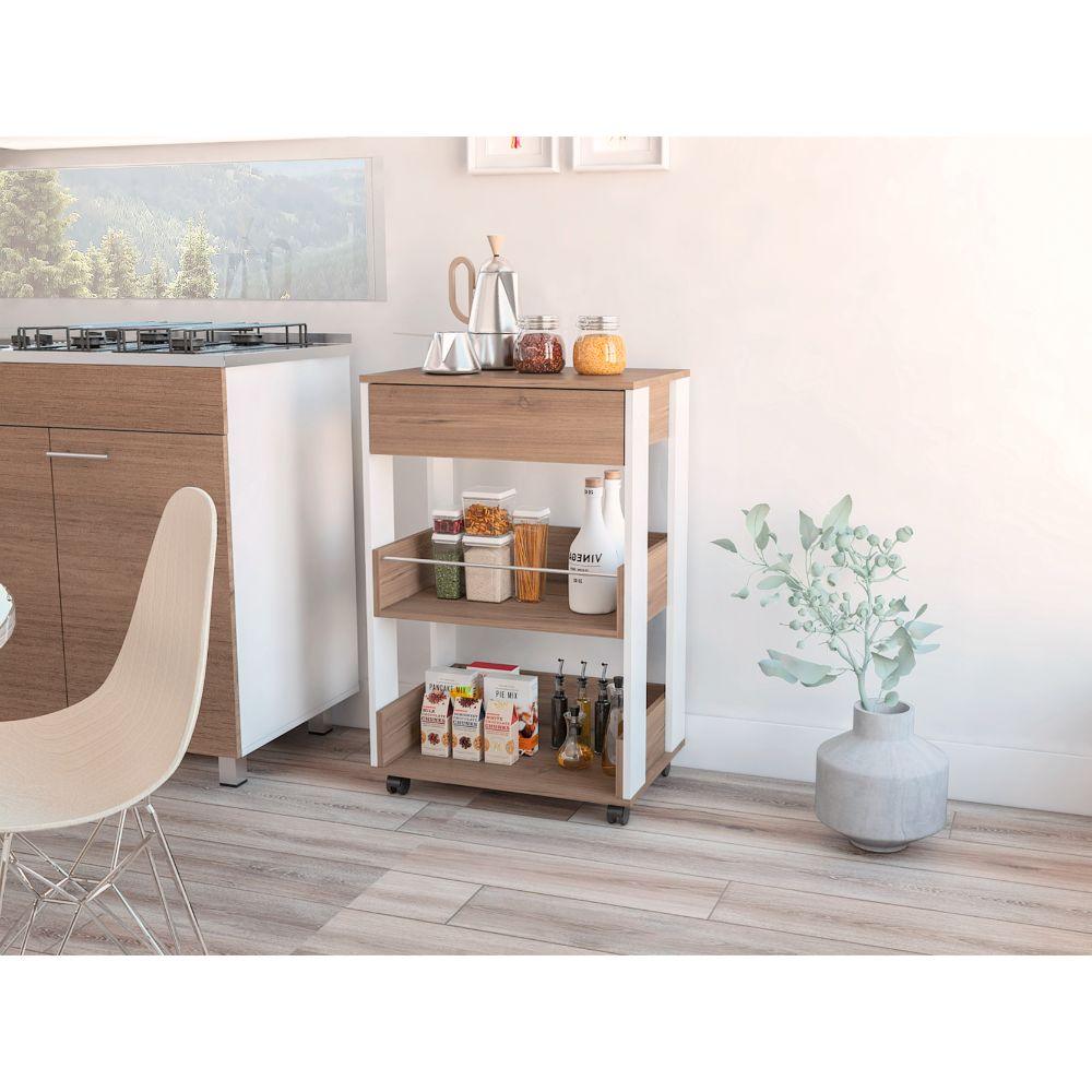 Mueble Auxiliar de Cocina Azana, Moca y Blanco, con Entrepaños y Rodachines Para Su Fácil Desplazamiento - VIRTUAL MUEBLES