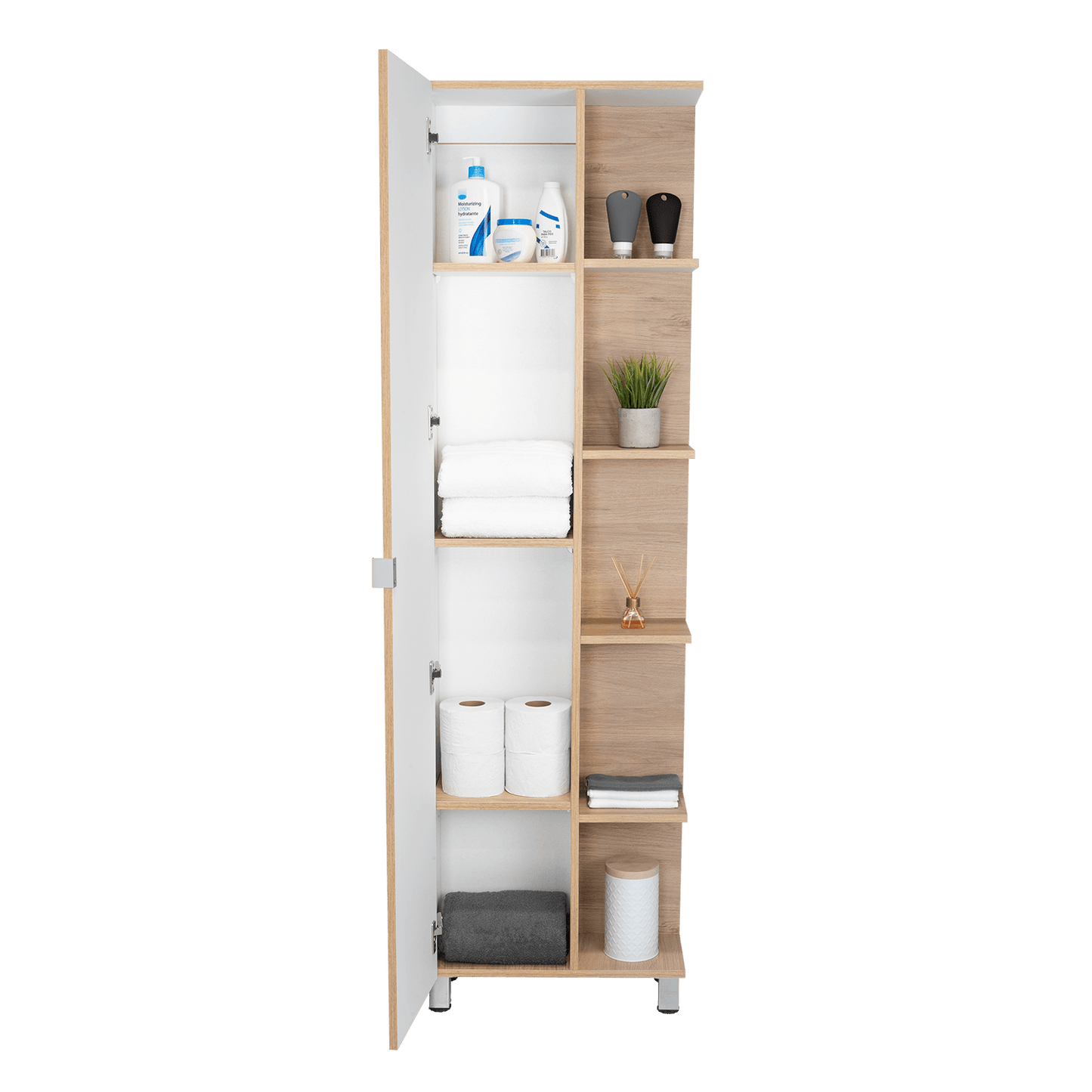 Mueble Esquinero Aqua, Beige y Blanco, con Variedad de Entrepaños - VIRTUAL MUEBLES