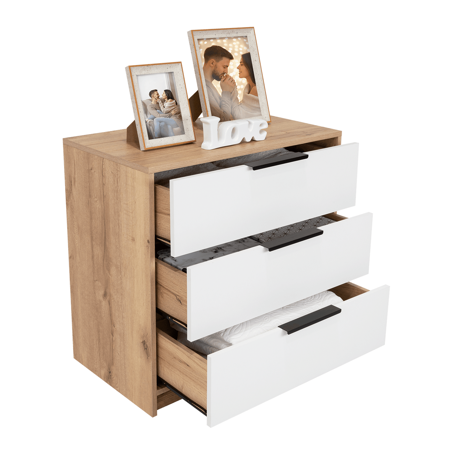 Organizador Wesley, Café Claro y Blanco, con Tres Cajones Multiusos y Manijas Metálicas - VIRTUAL MUEBLES