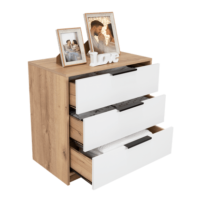 Organizador Wesley, Café Claro y Blanco, con Tres Cajones Multiusos y Manijas Metálicas - VIRTUAL MUEBLES