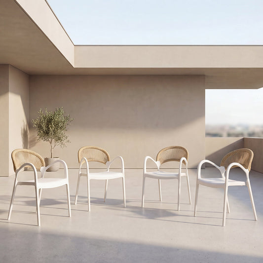 Set de 4 Sillas Daytona, Blanco y Café Claro, con Espaldar, Reposa Brazos y Diseño Minimalista