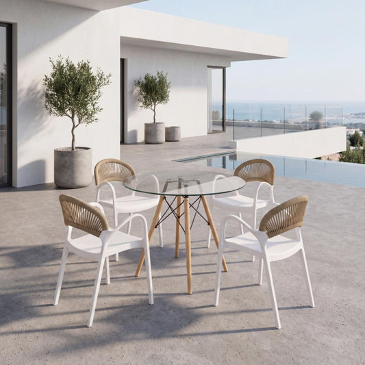 Juego de Comedor Mokah · Mesa de Vidrio + 4 Sillas