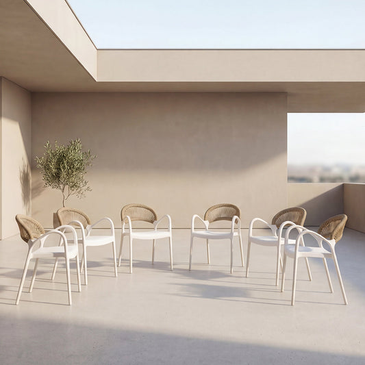 Set de 6 Sillas Daytona, Blanco y Café Claro, con Espaldar, Reposa Brazos y Diseño Minimalista