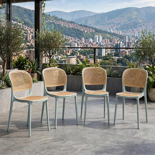 Set de 4 Sillas Nest, Color Azul Claro y Beige, con Espaldar y Asiento en Rejilla