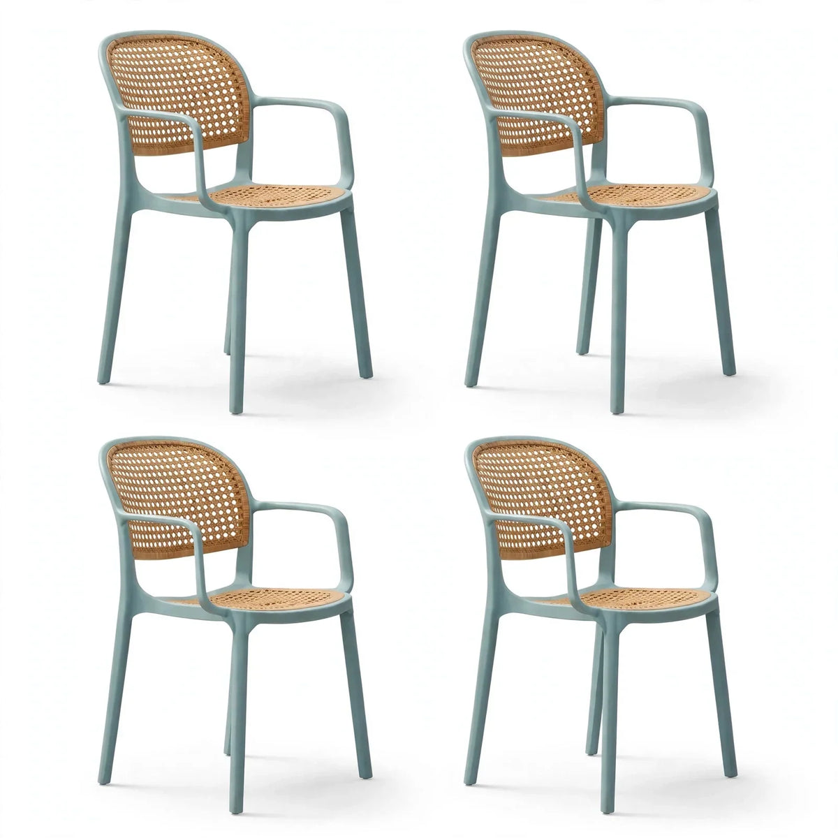 Set de 4 Sillas con Brazos Nest, Color Azul Claro y Beige, con Espaldar y Asiento en Rejilla