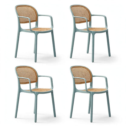 Set de 4 Sillas con Brazos Nest, Color Azul Claro y Beige, con Espaldar y Asiento en Rejilla