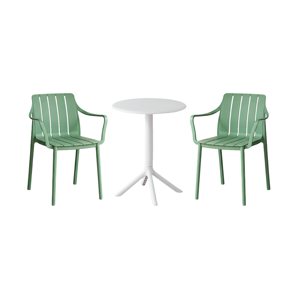 Juego de Comedor Shaki · Mesa Redonda + 2 Sillas · Verde Olivo