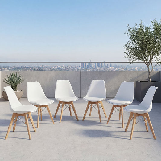 Set de 6 Sillas Fyn, Blanco, Diseño Minimalista con Espaldar, Cojín y Patas de Madera