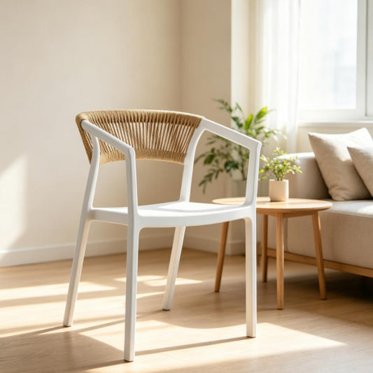 Silla Balí, Blanco, con Espaldar en Cuerdas y Diseño Moderno