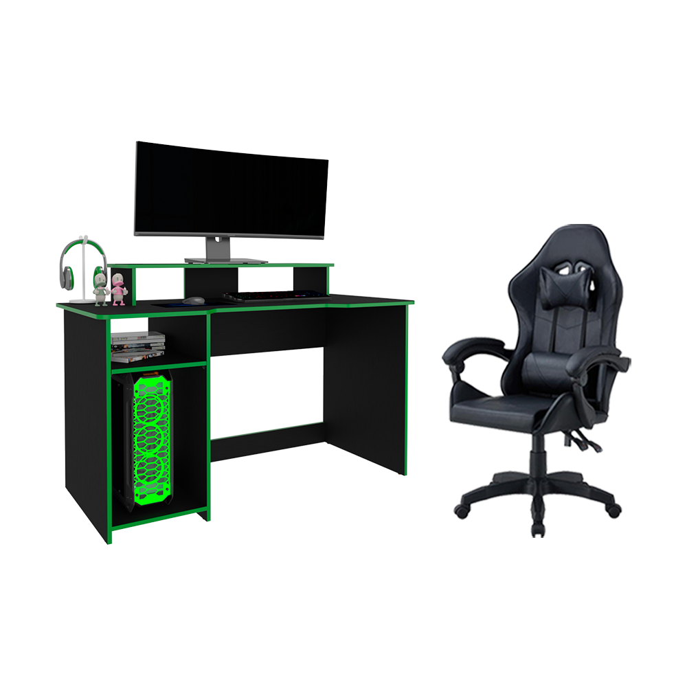 Combo Gamer Vintel · Escritorio + Silla · Verde y Negro