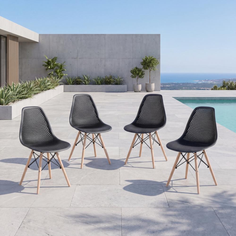 Set de 4 Sillas Aira, Color Negro, con Espaldar y Patas en Madera