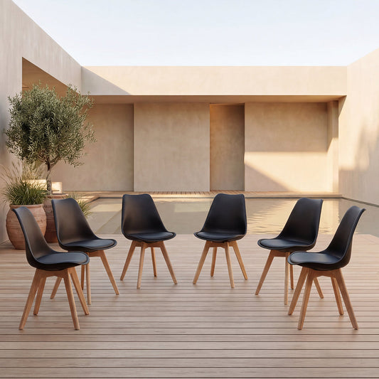 Set de 6 Sillas Fyn, Negro, Diseño Minimalista con Espaldar, Cojín y Patas de Madera