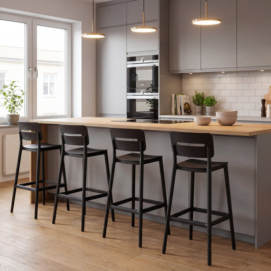 Set de 4 Sillas para Bar Manila, Negro, con Espaldar Rectangular y Diseño Moderno