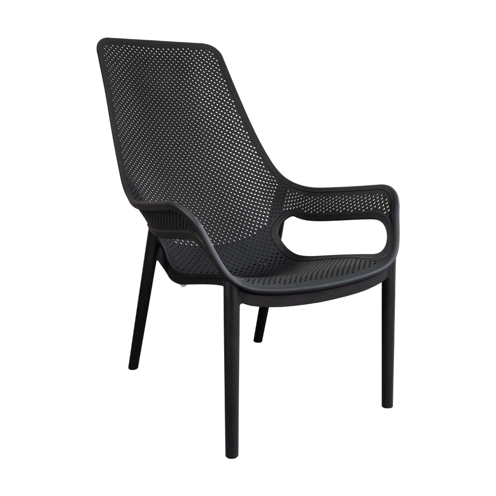 Silla Lounge Mayorca, Negro, con Espaldar y Reposa Brazos, medidas