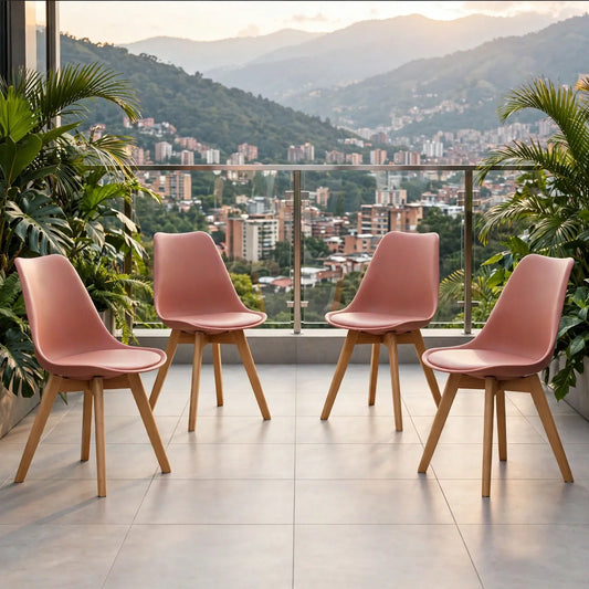 Set de 4 Sillas Fyn, Color Salmón, Diseño Minimalista con Espaldar, Cojín y Patas de Madera