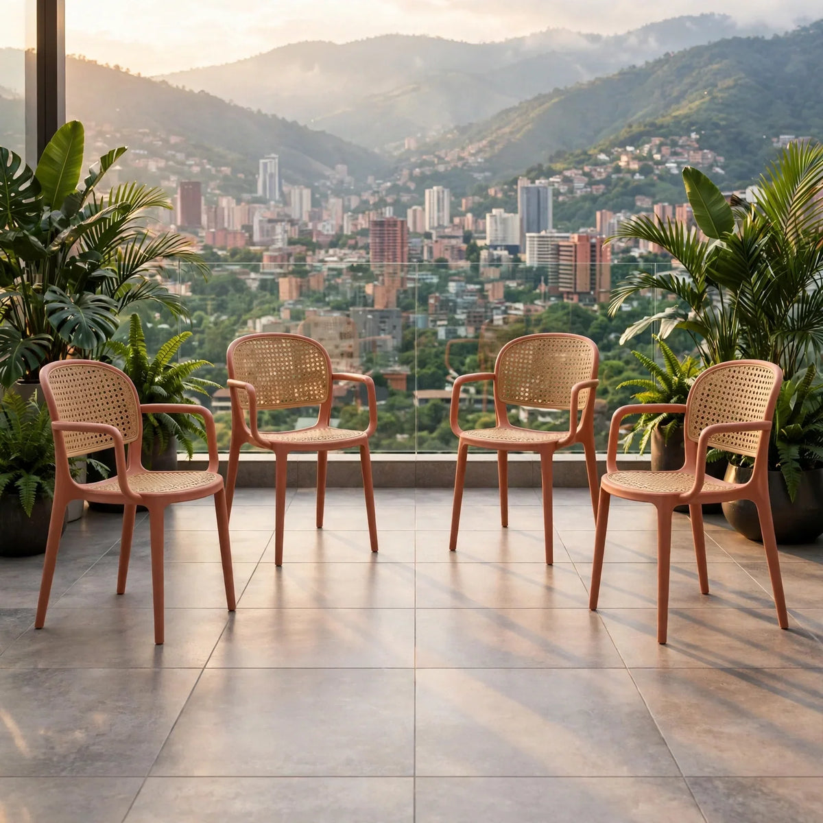 Set de 4 Sillas con Brazos Nest, Color Salmón y Beige, con Espaldar y Asiento en Rejilla