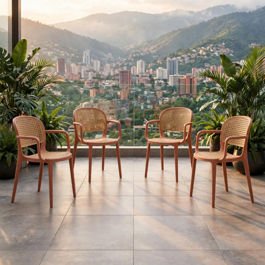 Set de 4 Sillas con Brazos Nest, Color Salmón y Beige, con Espaldar y Asiento en Rejilla