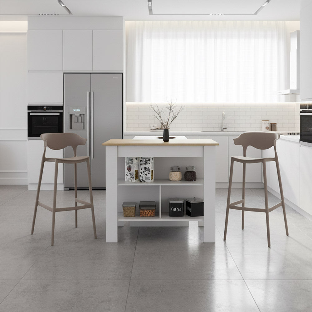 Combo de Cocina Ébano, Incluye Barra de Cocina y Dos Silla para Barra café claro y blanco