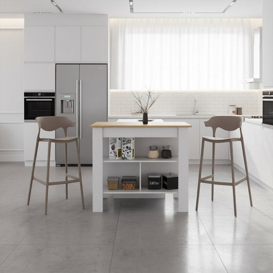 Combo de Cocina Ébano, Incluye Barra de Cocina y Dos Silla para Barra café claro y blanco