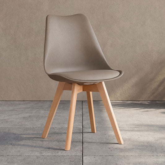 Silla Fyn, Taupe, Diseño Minimalista con Espaldar, Cojín y Patas de Madera, vista frontal