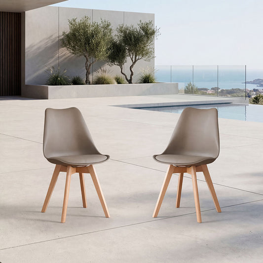 Set de 2 Sillas Fyn, Taupe, Diseño Minimalista con Espaldar, Cojín y Patas de Madera