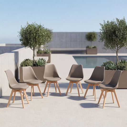 Set de 6 Sillas Fyn, Taupe, Diseño Minimalista con Espaldar, Cojín y Patas de Madera