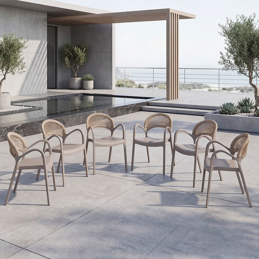Set de 6 Sillas Daytona, Taupe y Café Claro, con Espaldar, Reposa Brazos y Diseño Minimalista