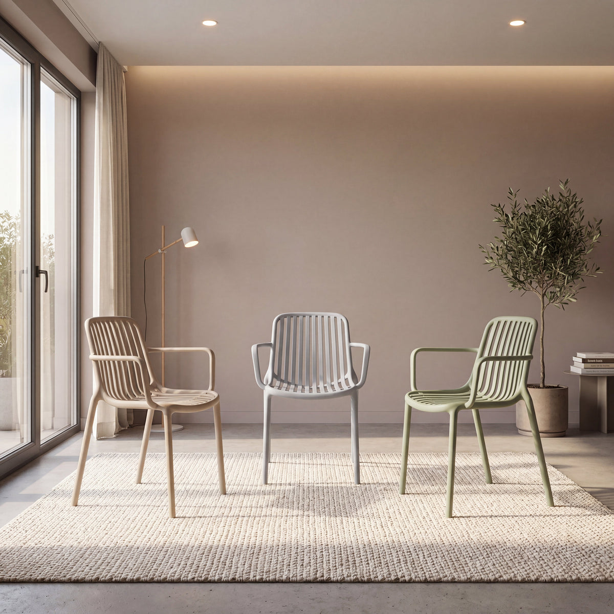 Set de 3 Sillas Premium, Color Verde - Gris y Taupe, con Espaldar