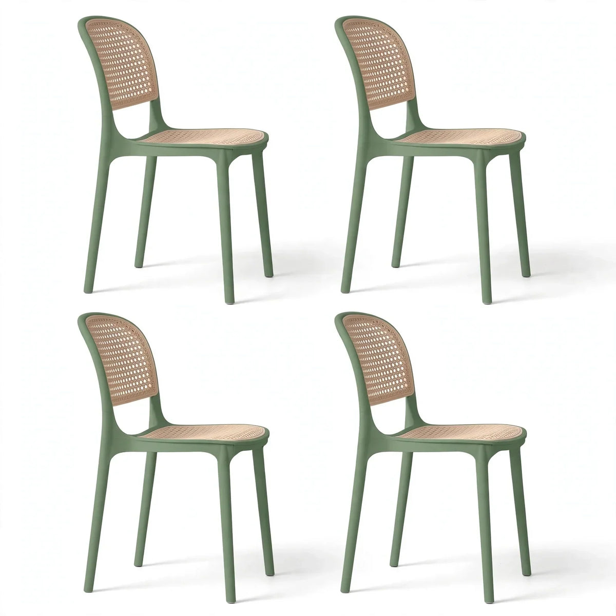 Set de 4 Sillas Nest, Verde Olivo y Beige, con Espaldar y Asiento en Rejilla