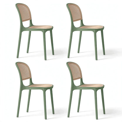 Set de 4 Sillas Nest, Verde Olivo y Beige, con Espaldar y Asiento en Rejilla