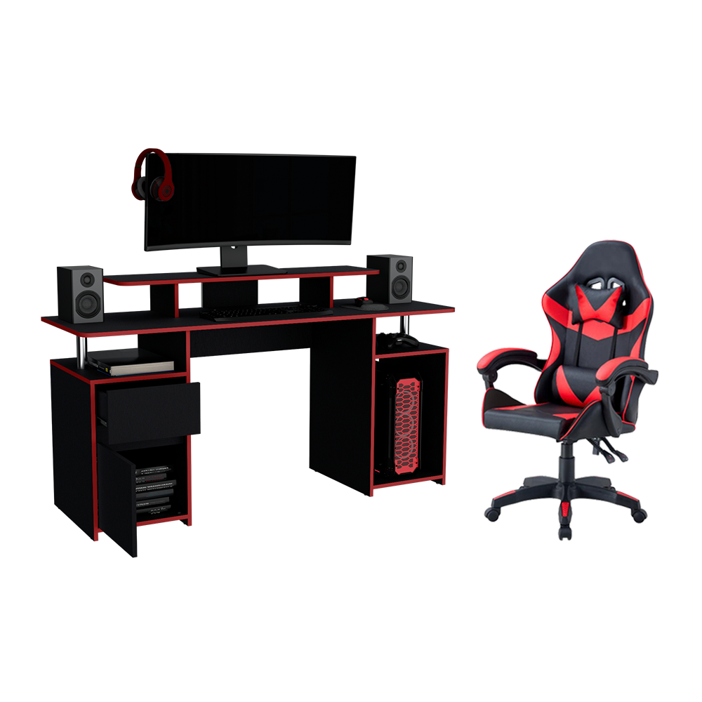 Combo Gamer Greci · Escritorio + Silla · Rojo y Negro