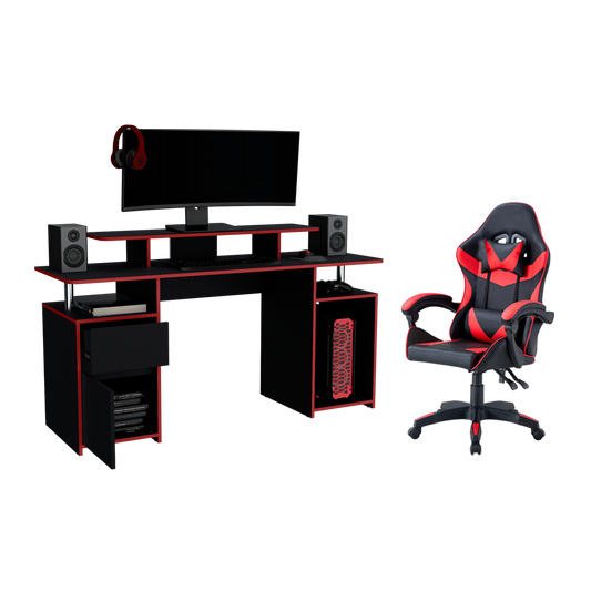 Combo Gamer Greci · Escritorio + Silla · Rojo y Negro