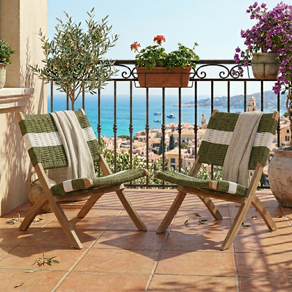 Set de 4 Sillas Plegable de Madera para Exterior Katy, Verde Olivo y Blanco, Ideal para Dias de Sol