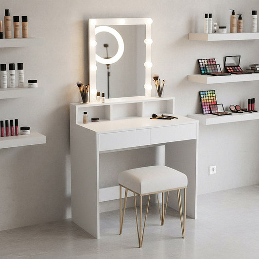Tocador Elena blanco mate con luces LED y dos cajones, 145x80x45 cm