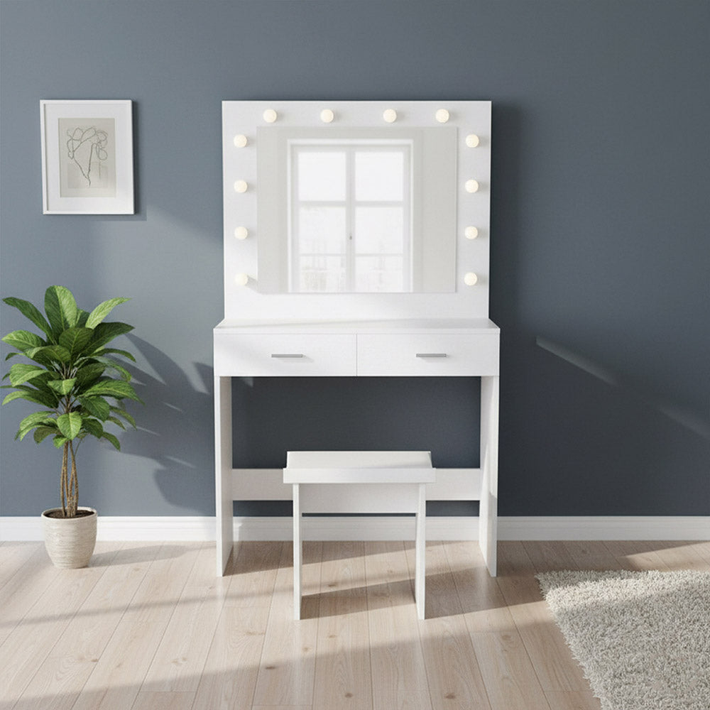 Tocador Bella blanco mate con luces LED y silla - vista frontal