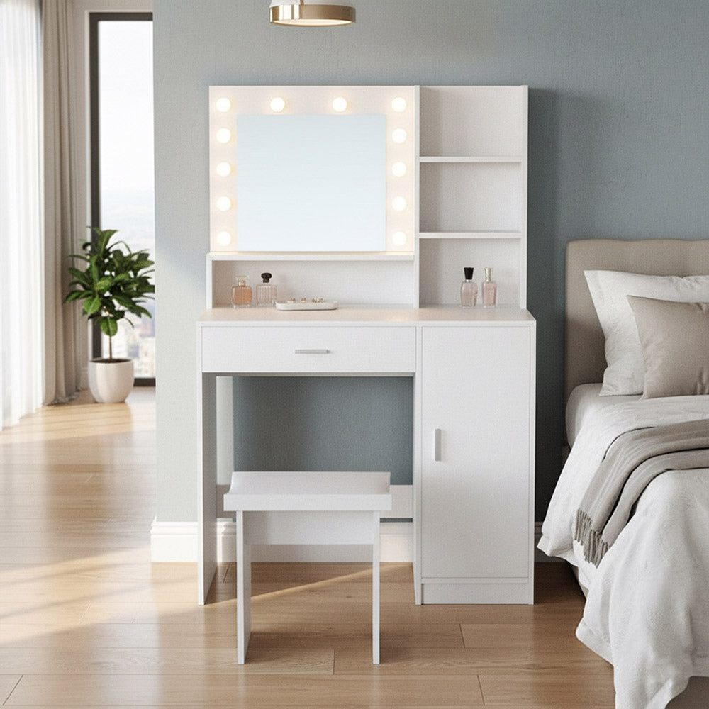 Tocador Aura blanco mate con luces LED y silla con cojín - vista frontal