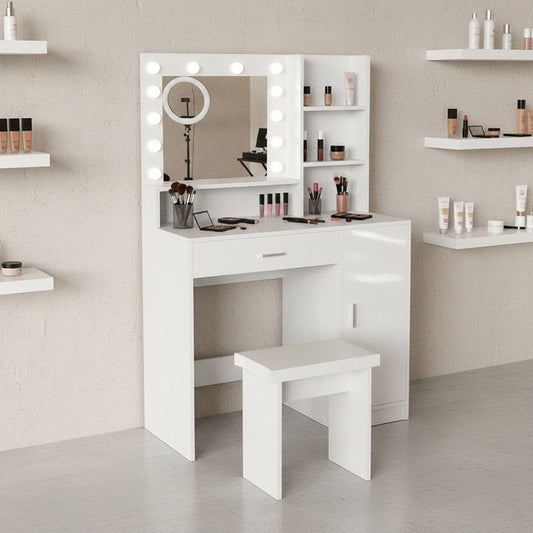 Tocador Aura blanco mate con luces LED y silla con cojín