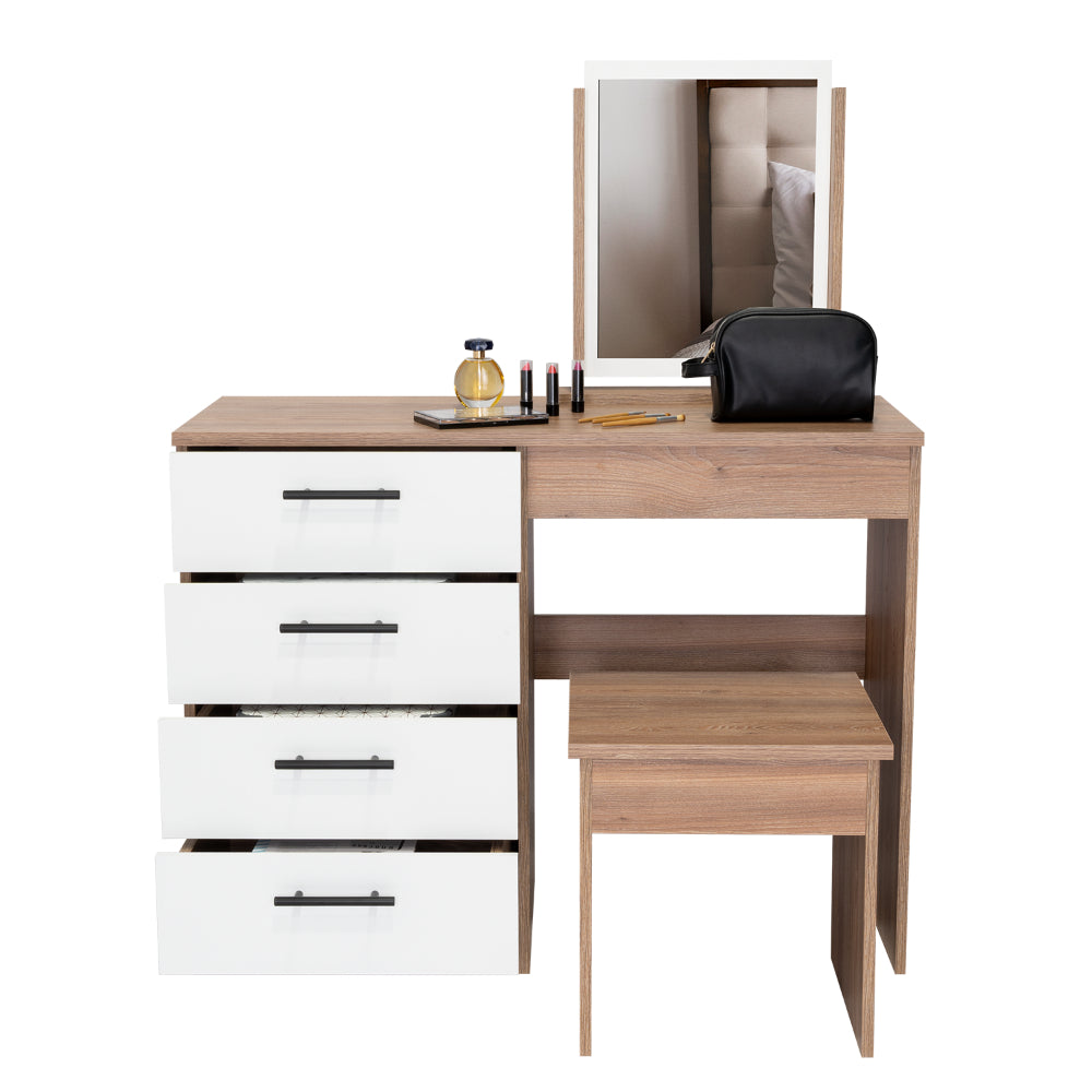 Mueble Tocador Wesley, Miel y Blanco, Cuatro Cajones Para Ubicar Maquillaje