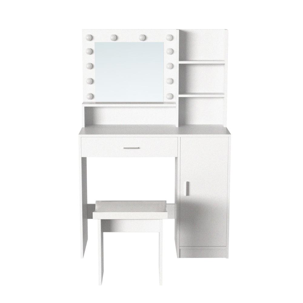 Tocador Aura blanco mate con luces LED y silla con cojín - vista lateral